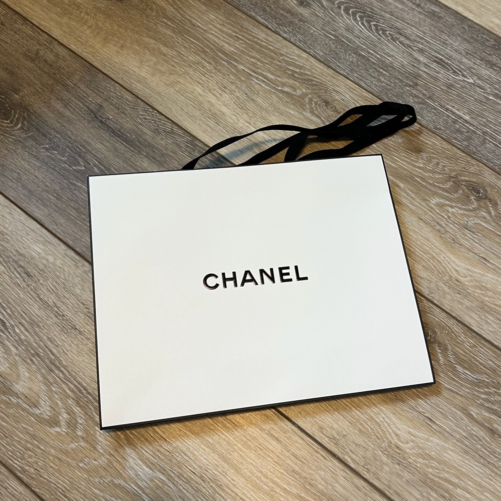 CHANEL White and Black Logo Gift Bag with Ribbon Handles